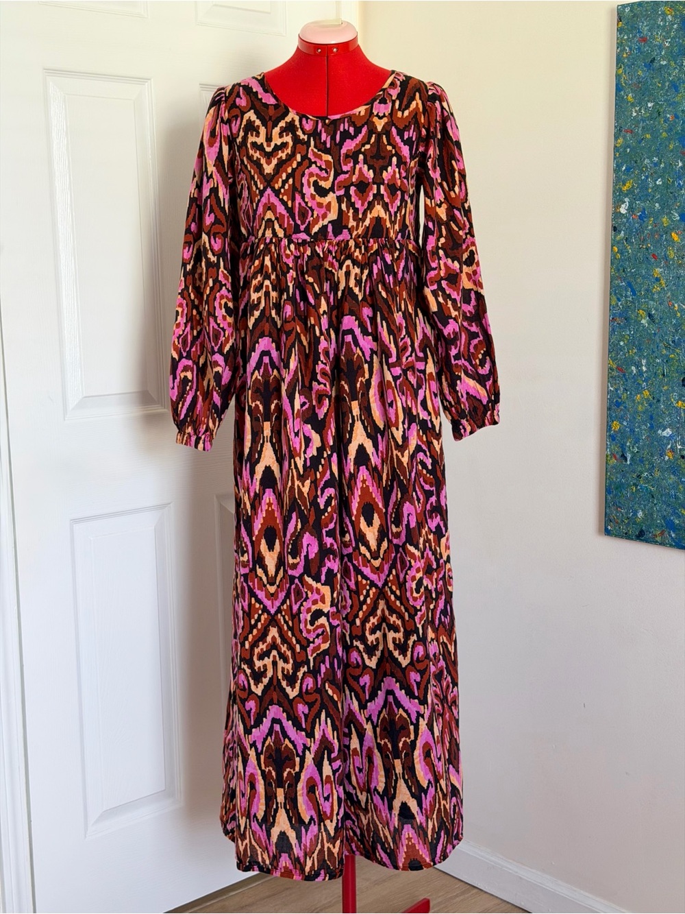 NWOT Molly Bracken Anthro Cotton Printed Maxi Dress Boho Ikat Long Sleeve XS/S
